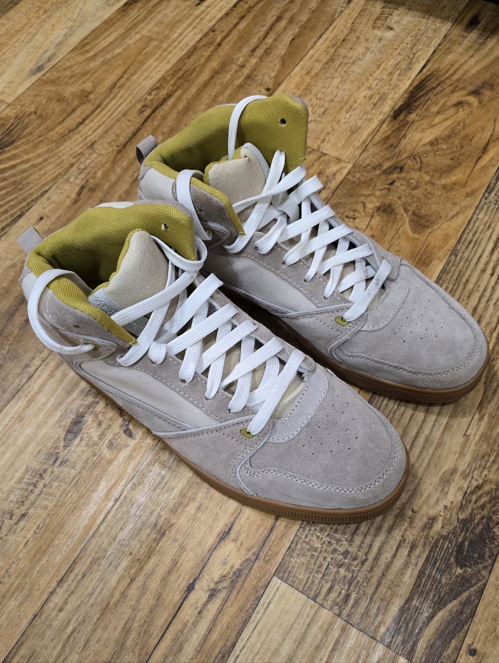 Maui and Sons Men's High-Top Suede Sneakers in Light Gray with Mustard Lining